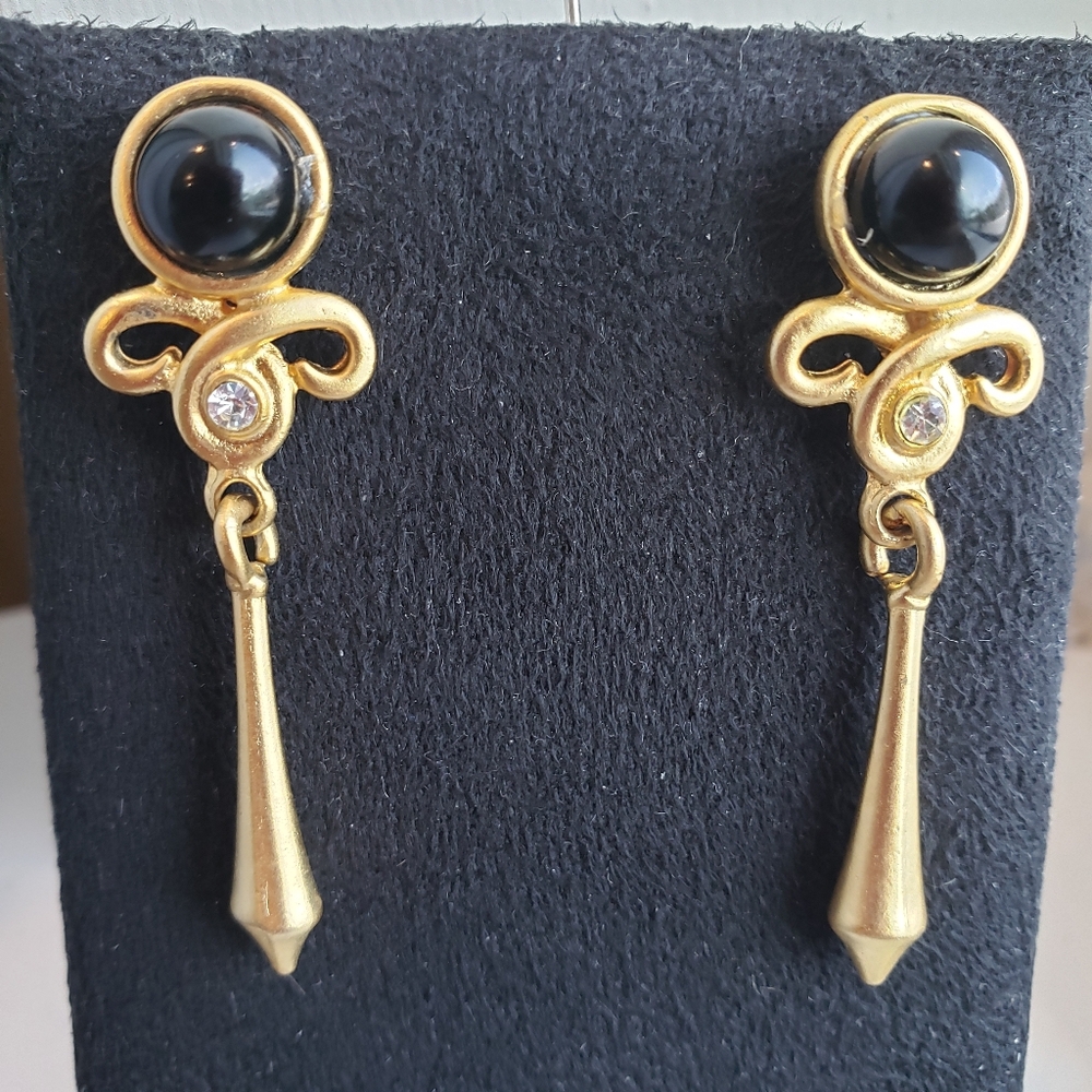Gold Tone Black Bead Dangly Earrings